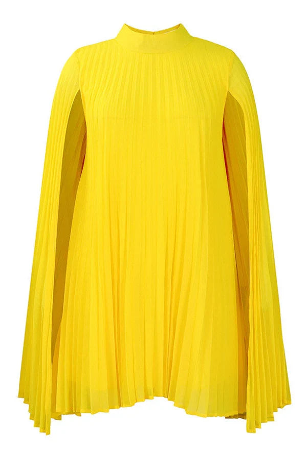 Dress Chic High-Neck Yellow Mini Cocktail Party Dress Long Sleeves Pleats Homecoming Dress