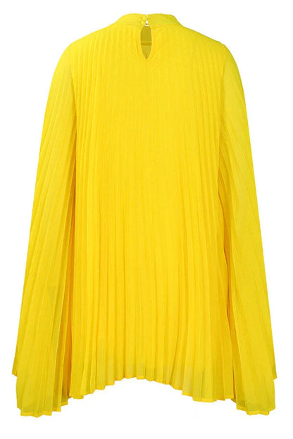 Dress Chic High-Neck Yellow Mini Cocktail Party Dress Long Sleeves Pleats Homecoming Dress