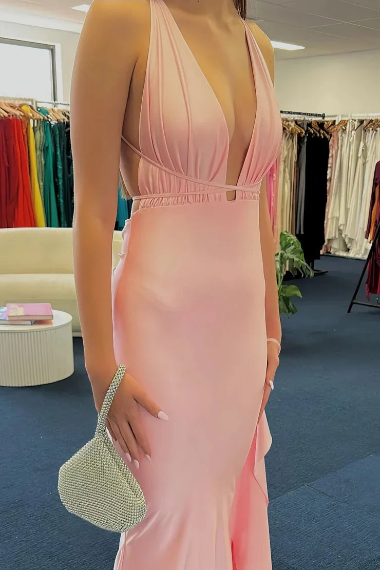 Dress Chic Mermaid Deep V Neck Light Pink Sexy Satin Long Prom Dress Evening Dress