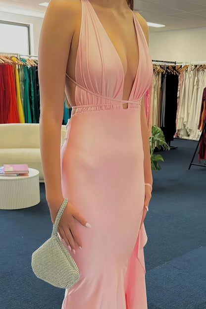 Dress Chic Mermaid Deep V Neck Light Pink Sexy Satin Long Prom Dress Evening Dress