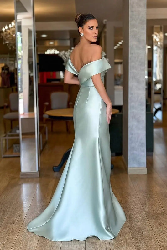 Dress Chic Mint Green Satin Off the Shoulder Strapless Maxi Dress Split Prom Dress With Ruffles