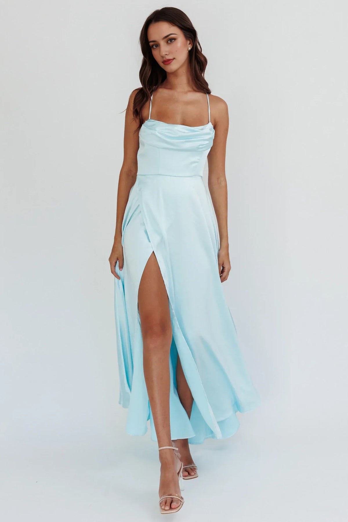 Dress Chic Wine Red Satin Maxi Dress with Cowl Neck Spaghetti Straps High Thigh Slit and Flowy Hem Prom Dress