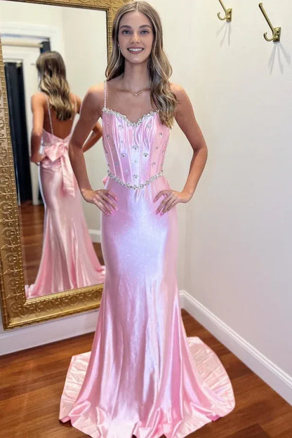 Dress Chic Modern Strapless Spaghetti Straps Sleeveless Pleated Crystal Beaded Prom Party Dress Open Back Bow Knot Evening Dress