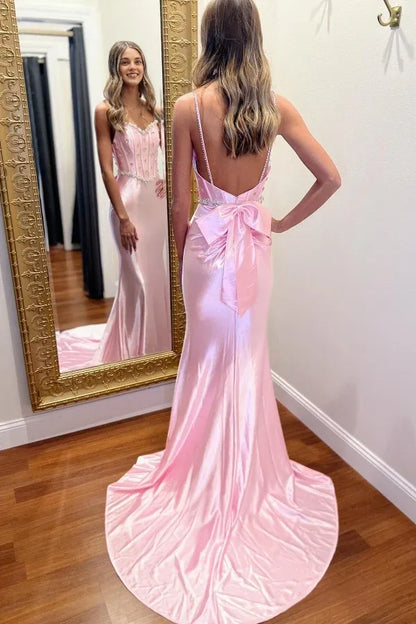 Dress Chic Modern Strapless Spaghetti Straps Sleeveless Pleated Crystal Beaded Prom Party Dress Open Back Bow Knot Evening Dress