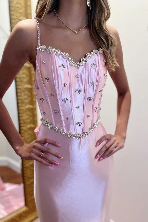 Dress Chic Modern Strapless Spaghetti Straps Sleeveless Pleated Crystal Beaded Prom Party Dress Open Back Bow Knot Evening Dress