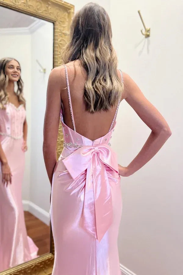 Dress Chic Modern Strapless Spaghetti Straps Sleeveless Pleated Crystal Beaded Prom Party Dress Open Back Bow Knot Evening Dress