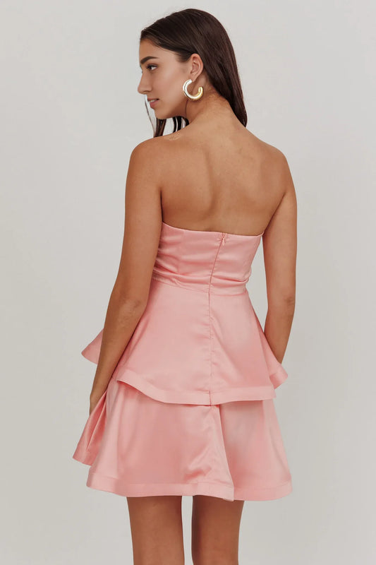 Dress Chic Pink Satin Mini Dress with Strapless Tiered Dress Bow Waist Detail and Flowy Hem Homecoming Dress
