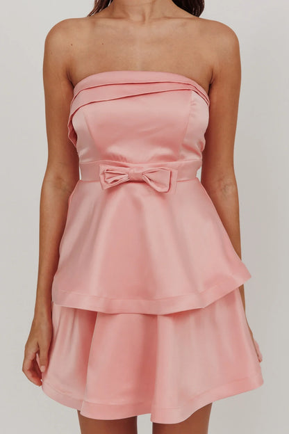 Dress Chic Pink Satin Mini Dress with Strapless Tiered Dress Bow Waist Detail and Flowy Hem Homecoming Dress