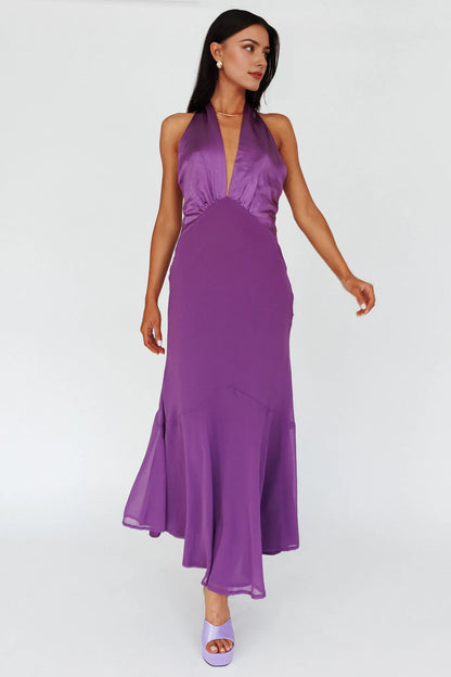 Dress Chic Purple Halter Neck Maxi Dress with Satin Bodice Plunging V Neck and Flowy Silhouette Prom Dress