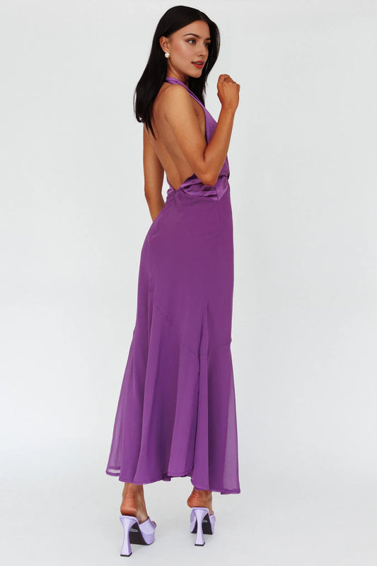 Dress Chic Purple Halter Neck Maxi Dress with Satin Bodice Plunging V Neck and Flowy Silhouette Prom Dress