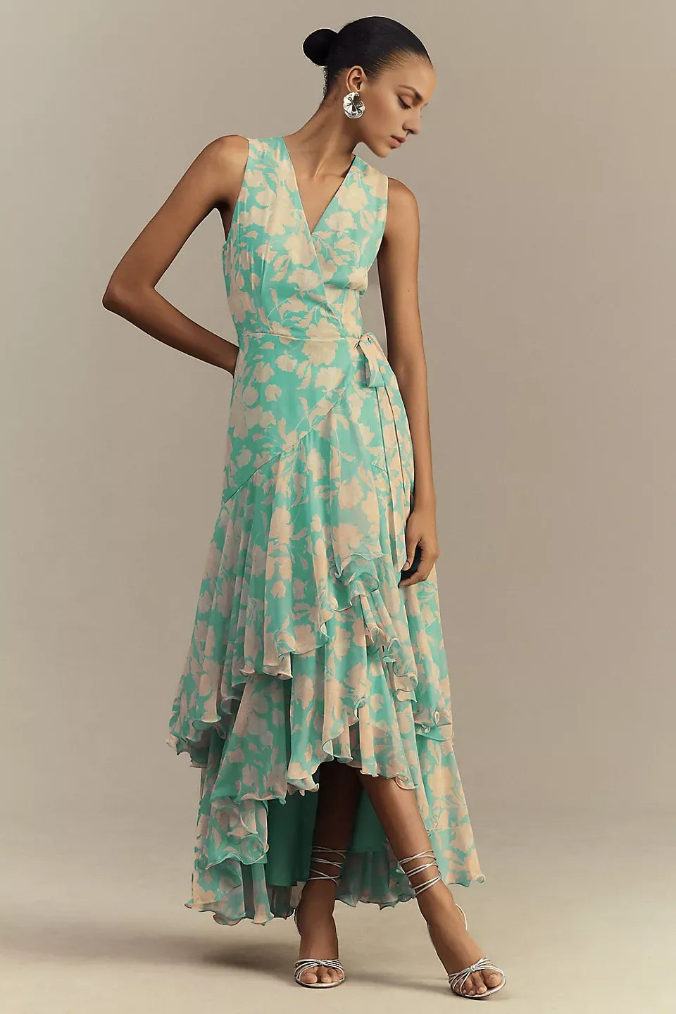 Dress Chic Ruffled V Neck Wrap Maxi Dress Tiered Sleeveless Prom Dress