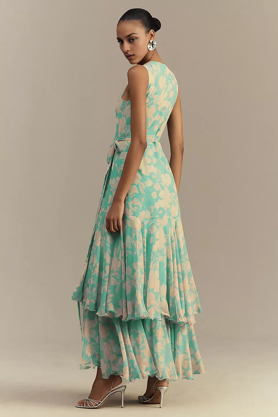 Dress Chic Ruffled V Neck Wrap Maxi Dress Tiered Sleeveless Prom Dress