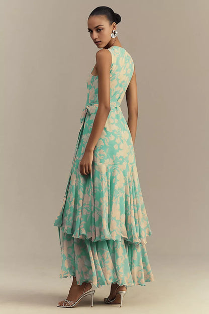 Dress Chic Ruffled V Neck Wrap Maxi Dress Tiered Sleeveless Prom Dress