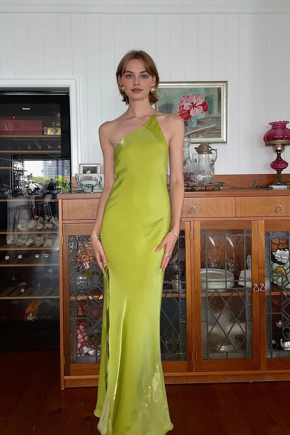 Dress Chic Sheath One Shoulder Light Green Long Party Dress with Split Front Prom Dress