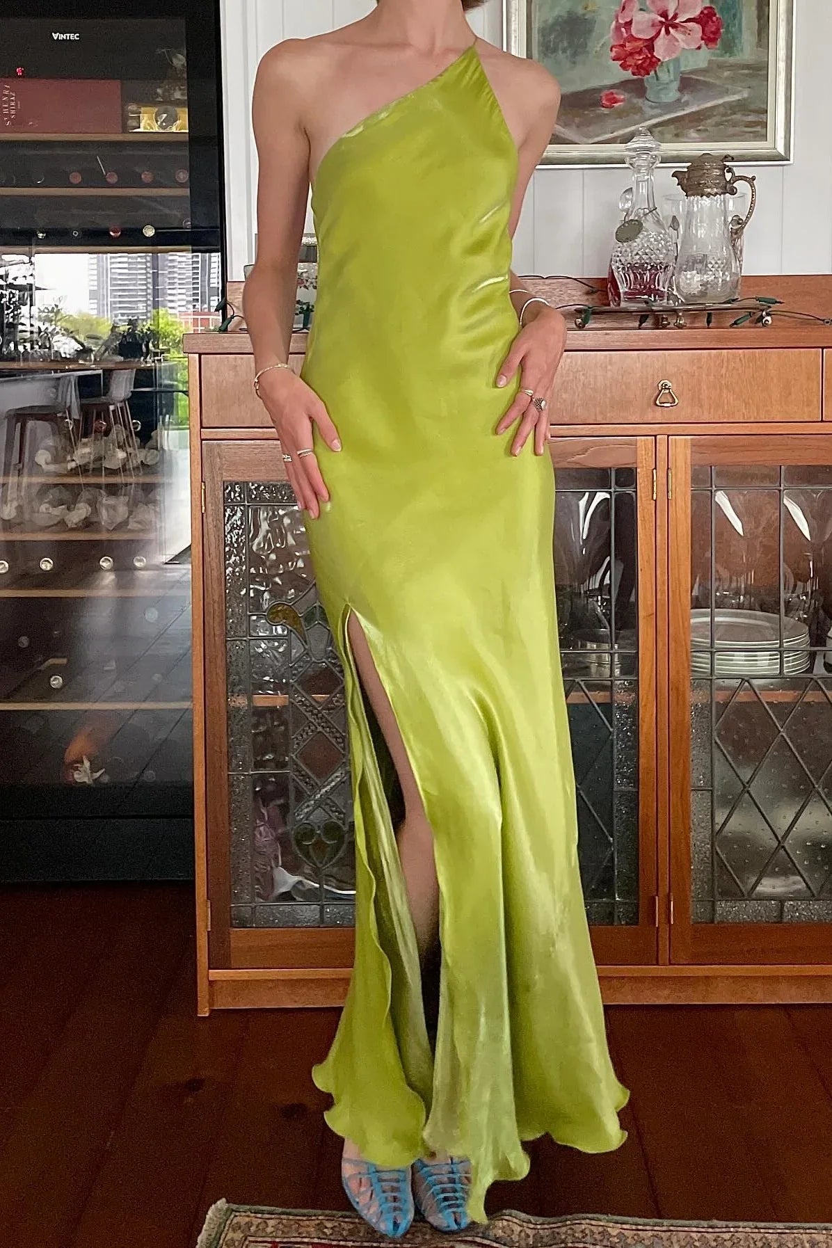 Dress Chic Sheath One Shoulder Light Green Long Party Dress with Split Front Prom Dress