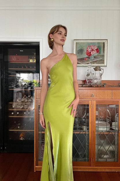 Dress Chic Sheath One Shoulder Light Green Long Party Dress with Split Front Prom Dress