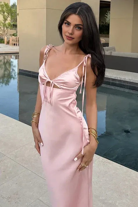 Dress Chic Sheath Spaghetti Straps Pink Long Party Dress with Keyhole Prom Dress