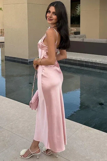Dress Chic Sheath Spaghetti Straps Pink Long Party Dress with Keyhole Prom Dress