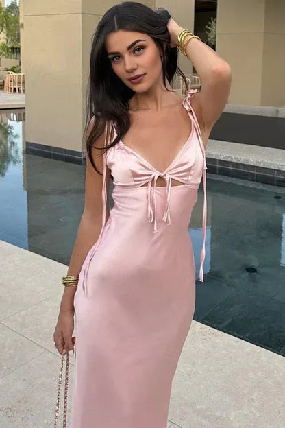 Dress Chic Sheath Spaghetti Straps Pink Long Party Dress with Keyhole Prom Dress