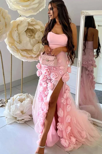 Dress Chic Sheath Strapless Sleeveless Pleated 3D Rose Flower Prom Party Dress High Side Slit and Train Evening Formal Gown
