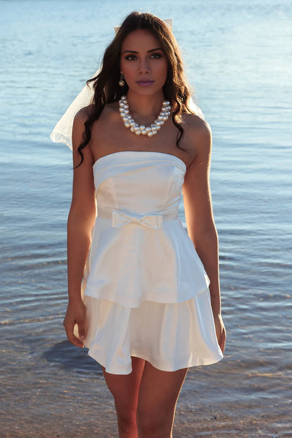 Dress Chic Pink Satin Mini Dress with Strapless Tiered Dress Bow Waist Detail and Flowy Hem Homecoming Dress