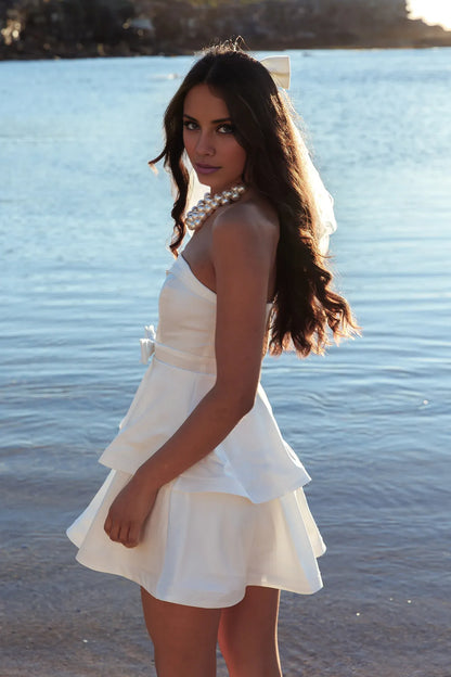 Dress Chic Pink Satin Mini Dress with Strapless Tiered Dress Bow Waist Detail and Flowy Hem Homecoming Dress