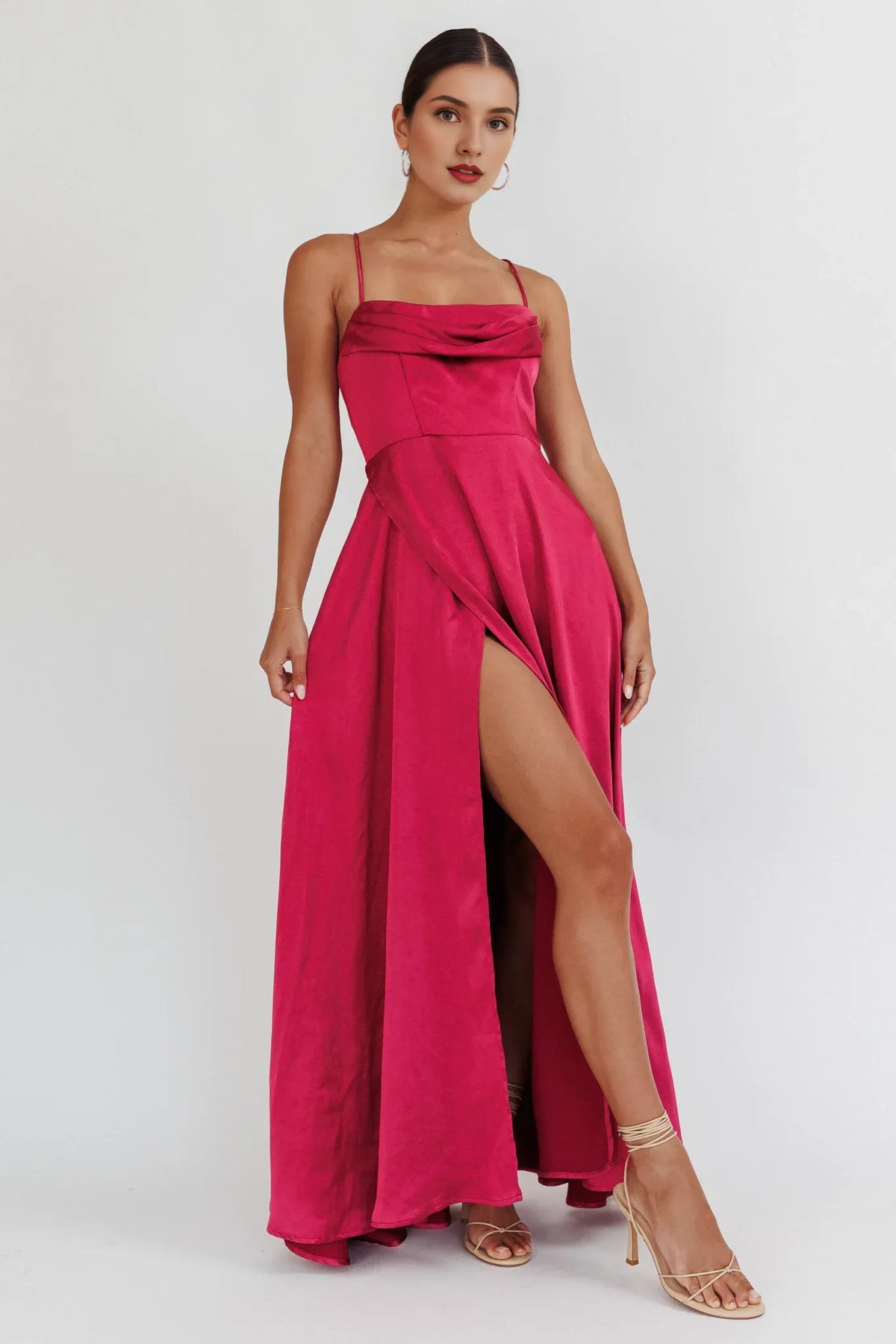 Dress Chic Wine Red Satin Maxi Dress with Cowl Neck Spaghetti Straps High Thigh Slit and Flowy Hem Prom Dress