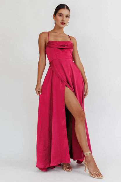 Dress Chic Wine Red Satin Maxi Dress with Cowl Neck Spaghetti Straps High Thigh Slit and Flowy Hem Prom Dress