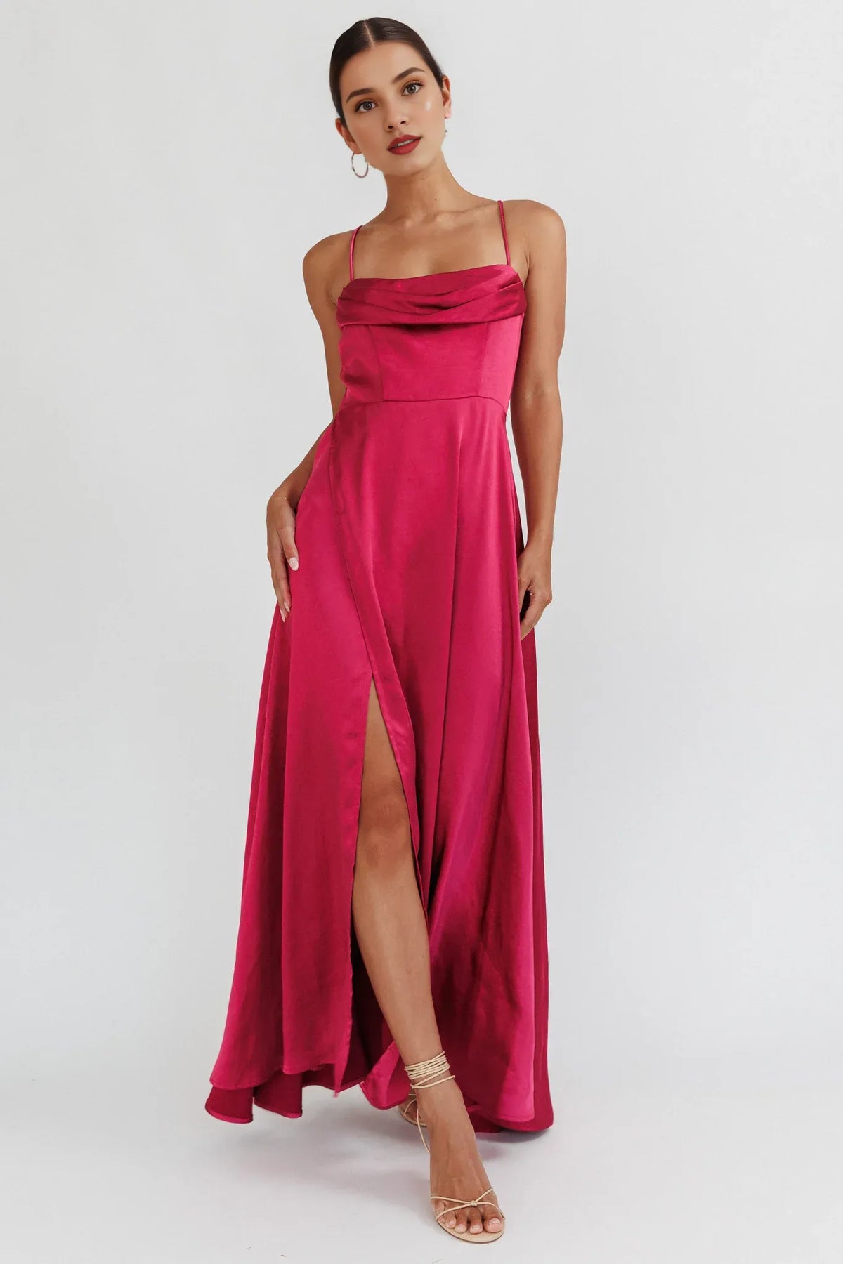 Dress Chic Wine Red Satin Maxi Dress with Cowl Neck Spaghetti Straps High Thigh Slit and Flowy Hem Prom Dress