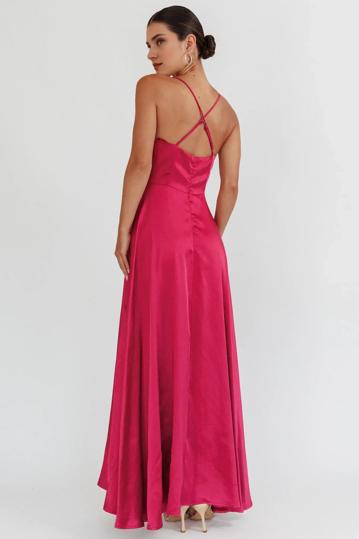 Dress Chic Wine Red Satin Maxi Dress with Cowl Neck Spaghetti Straps High Thigh Slit and Flowy Hem Prom Dress