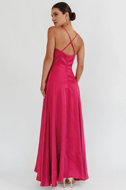 Dress Chic Wine Red Satin Maxi Dress with Cowl Neck Spaghetti Straps High Thigh Slit and Flowy Hem Prom Dress