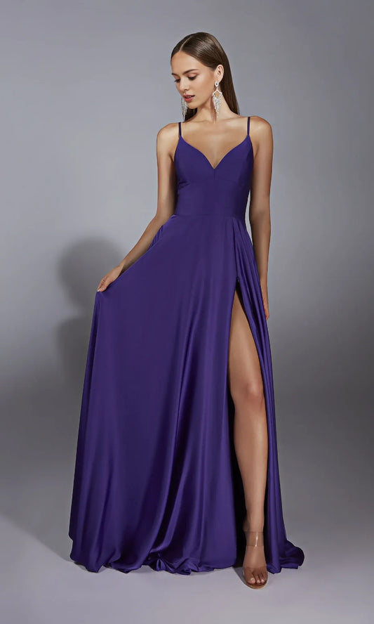 Dress Classic A-Line Sleeveless V Neck Open Back Purple Satin Sweep/Brush Train Long Prom Dress