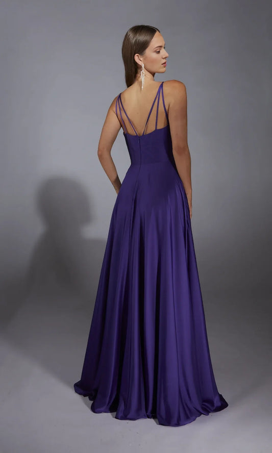 Dress Classic A-Line Sleeveless V Neck Open Back Purple Satin Sweep/Brush Train Long Prom Dress