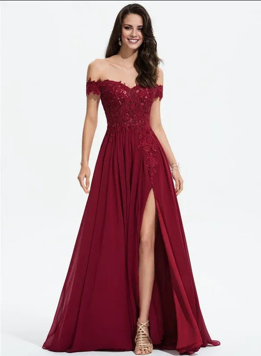 Dress Classic A-line Off the Shoulder Sweep Train Lace Chiffon Prom Dresses With Sequins Backless Sleeveless Maxi Dress