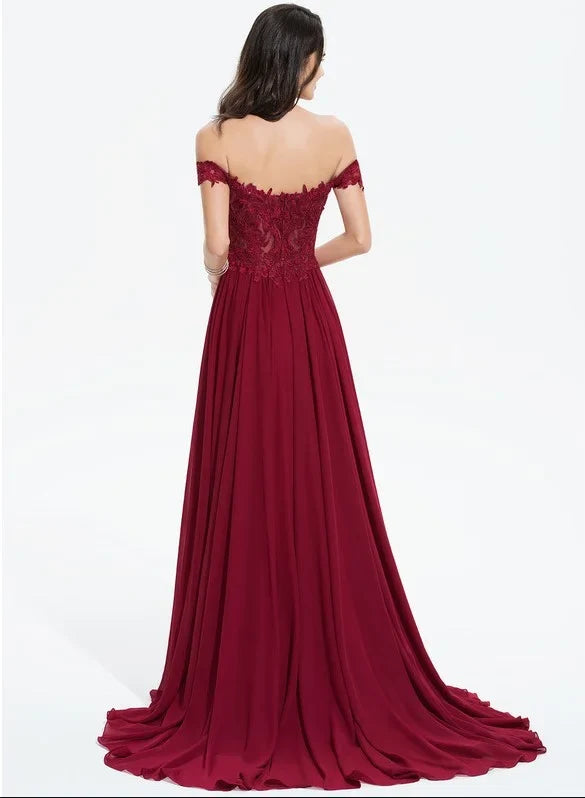 Dress Classic A-line Off the Shoulder Sweep Train Lace Chiffon Prom Dresses With Sequins Backless Sleeveless Maxi Dress