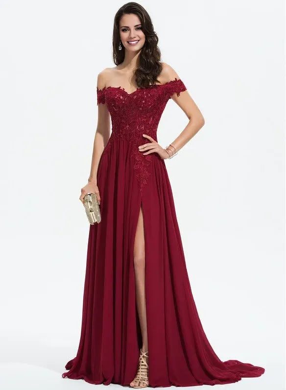 Dress Classic A-line Off the Shoulder Sweep Train Lace Chiffon Prom Dresses With Sequins Backless Sleeveless Maxi Dress