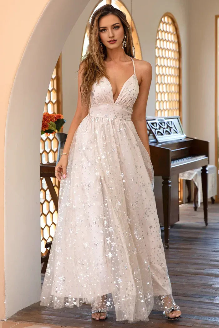 Dress Classic A Line Spaghetti Straps Light Champagne Maxi Dress Prom Dress With Bling