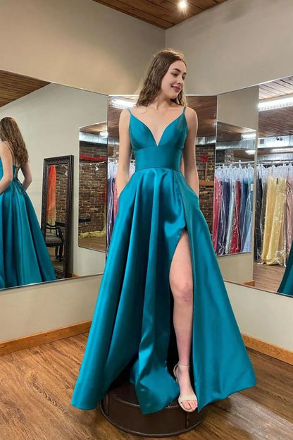 Dress Classic A Line V Neck Green Long Prom Dress with Slit