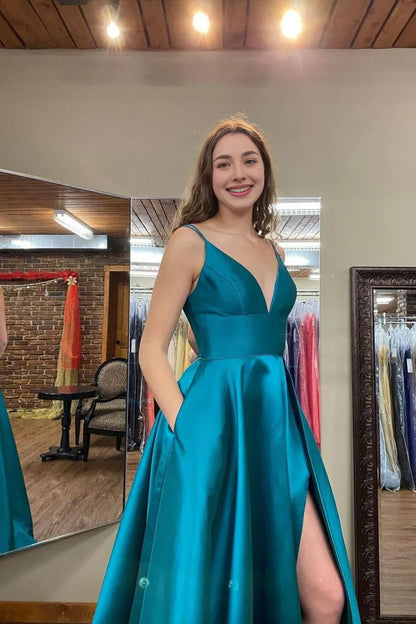 Dress Classic A Line V Neck Green Long Prom Dress with Slit
