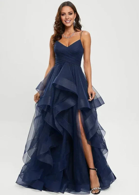 Dress Classic Ball-Gown/Princess V-Neck Sweep Train Tulle Prom Dresses Backless Sleeveless V Back Maxi Dress