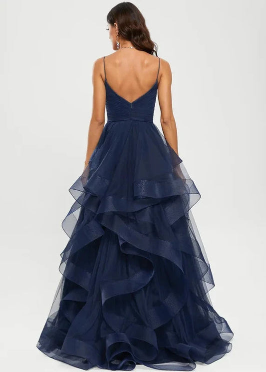 Dress Classic Ball-Gown/Princess V-Neck Sweep Train Tulle Prom Dresses Backless Sleeveless V Back Maxi Dress