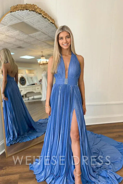 Dress Classic Deep V Neck Open Back Blue Halter Backless Pleated Satin Long Prom Dresses