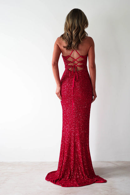 Dress Classic Red Bodycon Sequin Gown Spaghetti Straps Plunging V Neck High Slit Prom Dress
