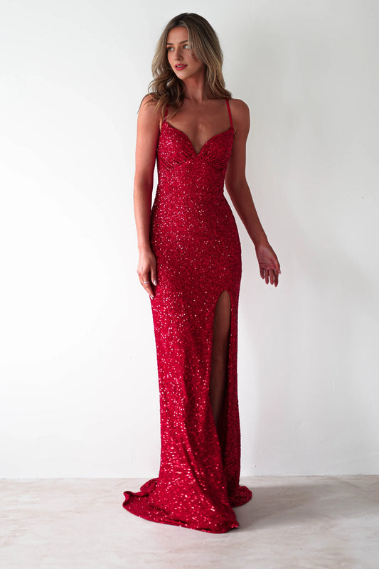 Dress Classic Red Bodycon Sequin Gown Spaghetti Straps Plunging V Neck High Slit Prom Dress
