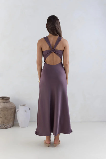 Dress Classic Satin Twist Neck Purple Prom Dresses With Open Crisscross Back Sleeveless Maxi Dress