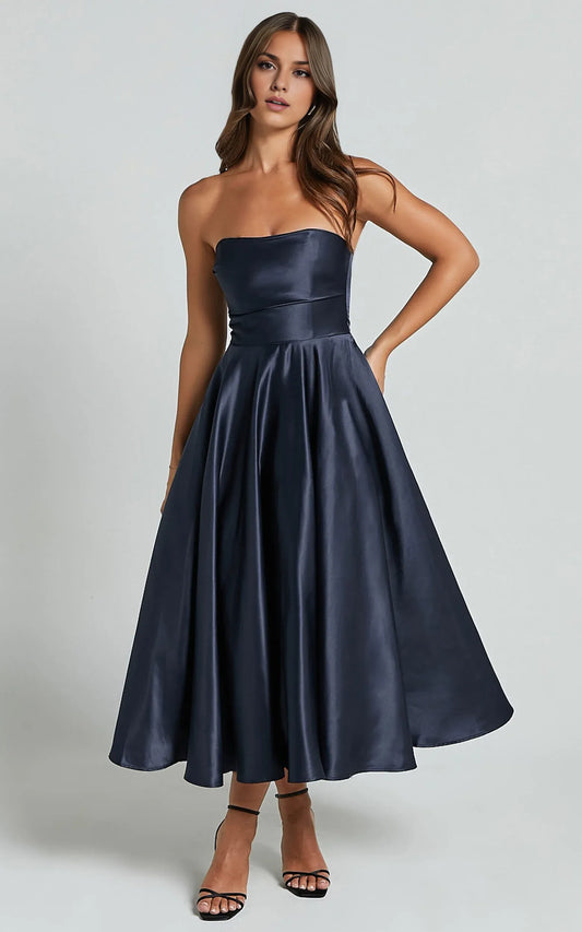 Dress Classic Strapless A-Line Navy Midi Dress Solid Color Sleeveless Backless Satin Party Evening Dress