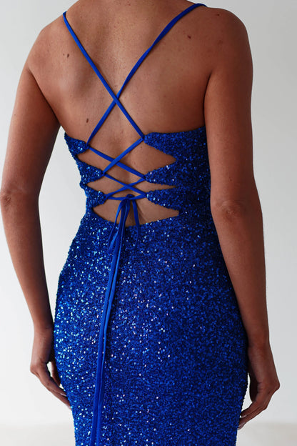 Dress Classic Red Bodycon Sequin Gown Spaghetti Straps Plunging V Neck High Slit Prom Dress