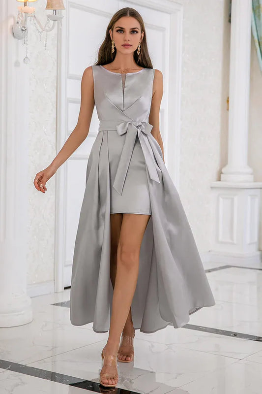 Dress Cold Shoulder Grey High-low Bodycon Party Dress Satin Solid Color Prom Dress