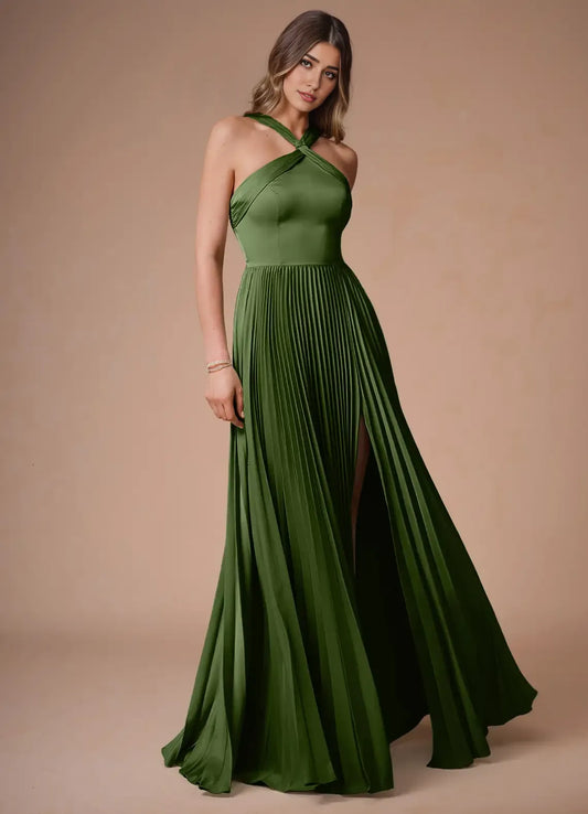 Dress Cold Shoulder Halter Elegant Maxi Dress Prom Dress Modern Satin A-Line Pleats Evening Dress