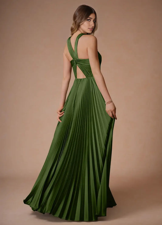 Dress Cold Shoulder Halter Elegant Maxi Dress Prom Dress Modern Satin A-Line Pleats Evening Dress